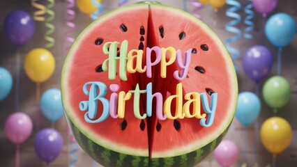 Wall Mural - A slice of watermelon with a happy birthday message on it, AI