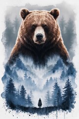 Wall Mural - A painting of a bear standing in front of trees and mountains, AI