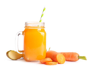 Canvas Print - Mason jar of fresh carrot juice with apple on white background