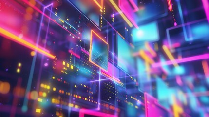 Poster - A digital display with vibrant neon lines and geometric shapes creates a dynamic and energetic background perfect for video bloggers and streaming services. Generative AI