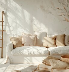 Wall Mural - Boho style wall mockup in living room interior, 3D rendering