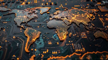 Wall Mural - a futuristic world map etched onto a circuit board, symbolizing global interconnectedness and techno