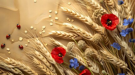 Wall Mural - Wheat, oat and barley with cornflower, poppy and ladybug
