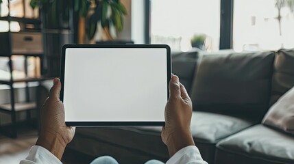 Wall Mural - Close-up of hands holding a tablet with a white screen, ideal for showcasing apps