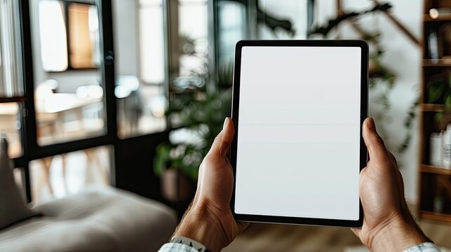 Close-up of hands holding a tablet with a blank screen, perfect for design work