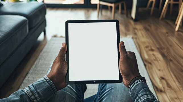Close-up of hands holding a tablet with a blank screen, perfect for design work