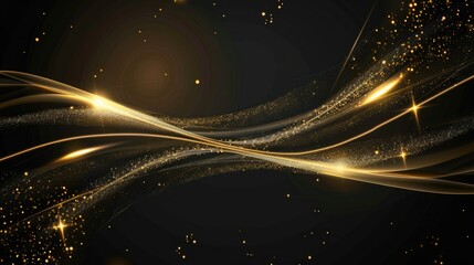 Wall Mural - Golden line with sparkling light effects, glowing on a sleek black background for an elegant design