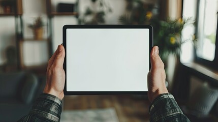 Wall Mural - Hands holding a tablet with a white screen, ready for content display or design work