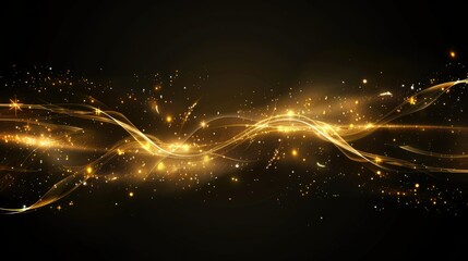 Wall Mural - Sparkling gold line with glowing light effects on a dark black background, perfect for elegant designs