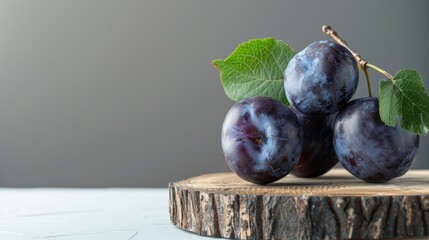 Wall Mural - Plum fruit on a wooden stump with a white backdrop
