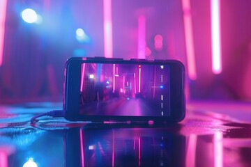 Leinwandbilder - A smartphone captures a vibrant video with pink and blue neon lights in the background. Generative AI