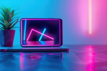 Poster - A tablet displaying a dynamic video stream with neon lights, creating a vibrant and modern aesthetic perfect for video bloggers and streaming services. Generative AI