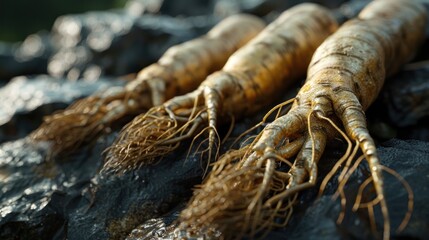 Three large roots of a plant are shown on a rock. The roots are brown and twisted, and they appear to be dried up. The image has a somber and melancholic mood, as the roots seem to be lifeless