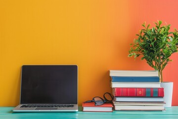 Leinwandbilder - A laptop computer and a stack of textbooks sit on a table against a bright orange and yellow wall. This image represents modern learning with a contemporary feel. Generative AI