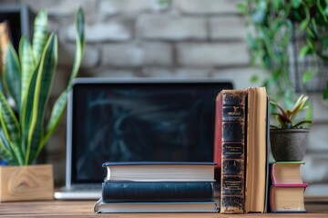 Poster - A laptop sits beside a stack of modern textbooks and two vintage books on a wooden desk, representing the blend of old and new in education. Generative AI