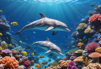 Wall Mural - Two dolphins swimming in a coral reef underwater scene with colorful tropical fish