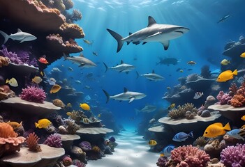 Wall Mural - Sharks swimming in a coral reef underwater scene with colorful tropical fish