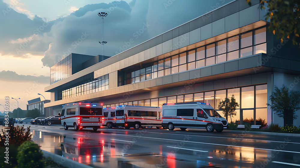 Out Side Visual Exterior of a modern medical hospital with ambulances parked outside ...