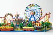 © CHAWA GEN - A detailed 3D model of an amusement park with various colorful rides and attractions, including a Ferris wheel, roller coaster, and carousel on a white background.