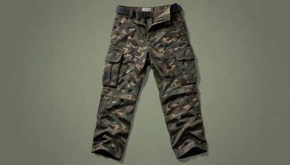 Wall Mural - Tactical combat trousers , showcasing the distinctive green, brown, and black pattern typical of woodland camouflage