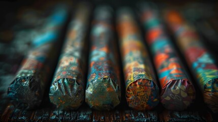 A close up of a group of colorful rolled cigarettes, AI