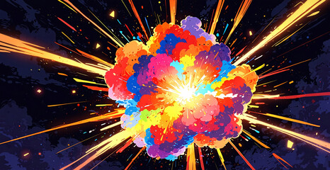 Wall Mural - Colorful, vibrant smoke explosion against a dark, cloudy night sky background.