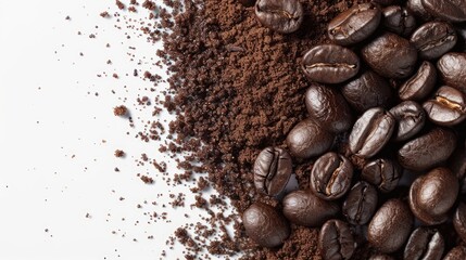 Canvas Print - Freshly roasted coffee beans and grounds with drink image on white background