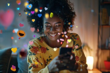 Fototapete - A smiling Black woman uses a smartphone while sitting on a couch at home. Colorful digital icons, including hearts, smiley faces, and shopping carts, float around the device. Generative AI