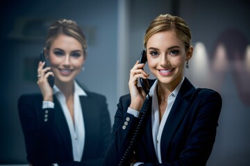 Poster - A woman in a suit talking on the phone while smiling, AI