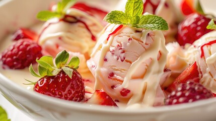 Canvas Print - Creamy and sweet milk sauce drizzled over fresh fruit ice