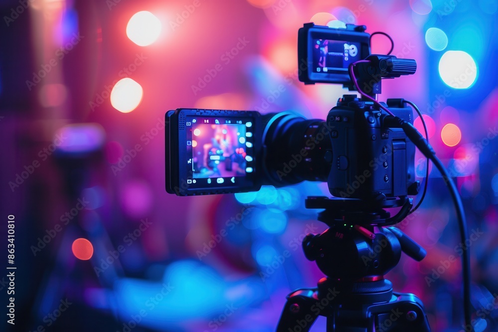 A close-up of a professional video camera capturing a live performance ...