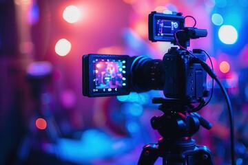 Leinwandbilder - A close-up of a professional video camera capturing a live performance under bright, colorful stage lights. Generative AI