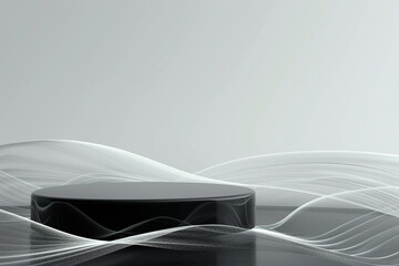 Wall Mural - A minimal abstract background with a glossy black podium and subtle white wave patterns.