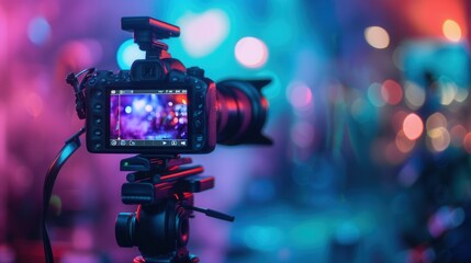 Poster - A camera on a tripod captures a vibrant live event with colorful stage lights in the background. Generative AI