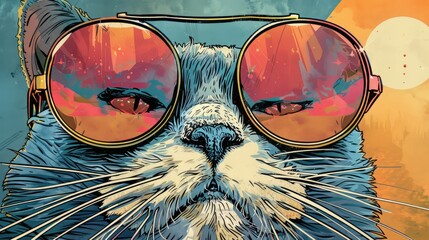 Wall Mural - Portrait of a humorous grey cat wearing sunglasses with a mirrored background