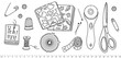 © Olga - Set of quilting tools and materials. Fat quarters, scissors, pins, thread and rotary cutter, buttons, tape measure. Sewing, quilting hobby. Hand drawn doodles