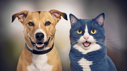 Poster - A close up of a dog and cat standing next to each other, AI