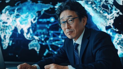 A man in a suit and tie is sitting at a desk in front of a computer monitor. He is wearing glasses and he is focused on his work. Concept of professionalism and concentration