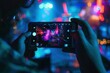 © Анатолий Сав - A close-up shot of a person holding a smartphone in a vibrant nightclub setting, capturing the energy of the event on their screen. Generative AI