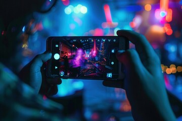 Leinwandbilder - A close-up shot of a person holding a smartphone in a vibrant nightclub setting, capturing the energy of the event on their screen. Generative AI