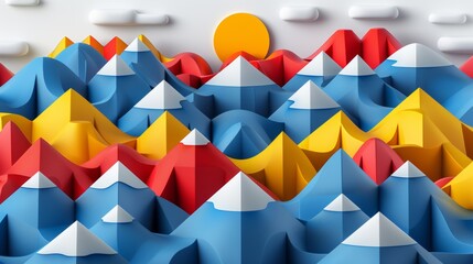Wall Mural - A colorful paper cut out of mountains and a sun, AI