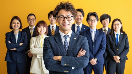 Wall Mural - A group of people are standing together, with one man wearing a suit and tie. The man in the suit is the center of attention, looking directly at the camera. The group appears to be professional