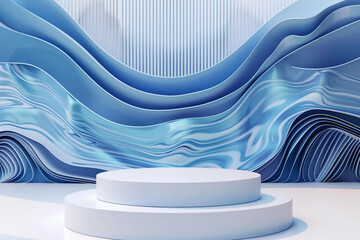 Wall Mural - A sleek podium set against a minimal abstract backdrop with blue wave patterns and a white base.