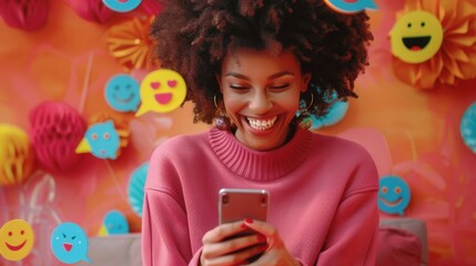 Poster - A cheerful Black woman uses her smartphone while sitting in a colorful room, surrounded by digital representations of social media interactions. Generative AI
