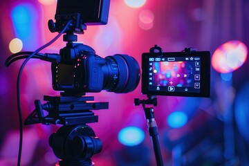 Fototapete - A professional camera with a lens, mounted on a tripod, is recording a live stream. The screen displays a video of a vibrant background. Generative AI