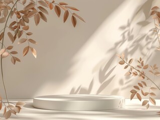 Wall Mural - Clean and minimal podium with leaves in the background, no text or product display, highlighted by soft daylight, minimalistic design, 3D rendering, surrounded by leaves, mockup