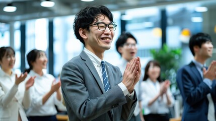 Wall Mural - A man in a suit is smiling and clapping his hands in front of a group of people