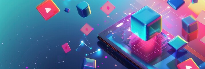 Poster - A dynamic and colorful image showcasing a device screen with video streaming, surrounded by floating cubes, symbolizing the vibrant energy of online content creation. Generative AI