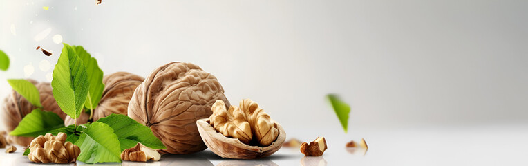 Wall Mural - Rustic Wooden Table Display of Shelled and Unshelled Walnuts with Fresh Green Leaves
