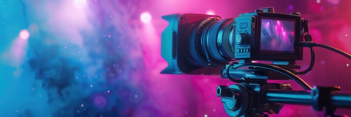 Poster - Close-up image of a professional video camera recording a live performance with colorful stage lighting in the background. Generative AI
